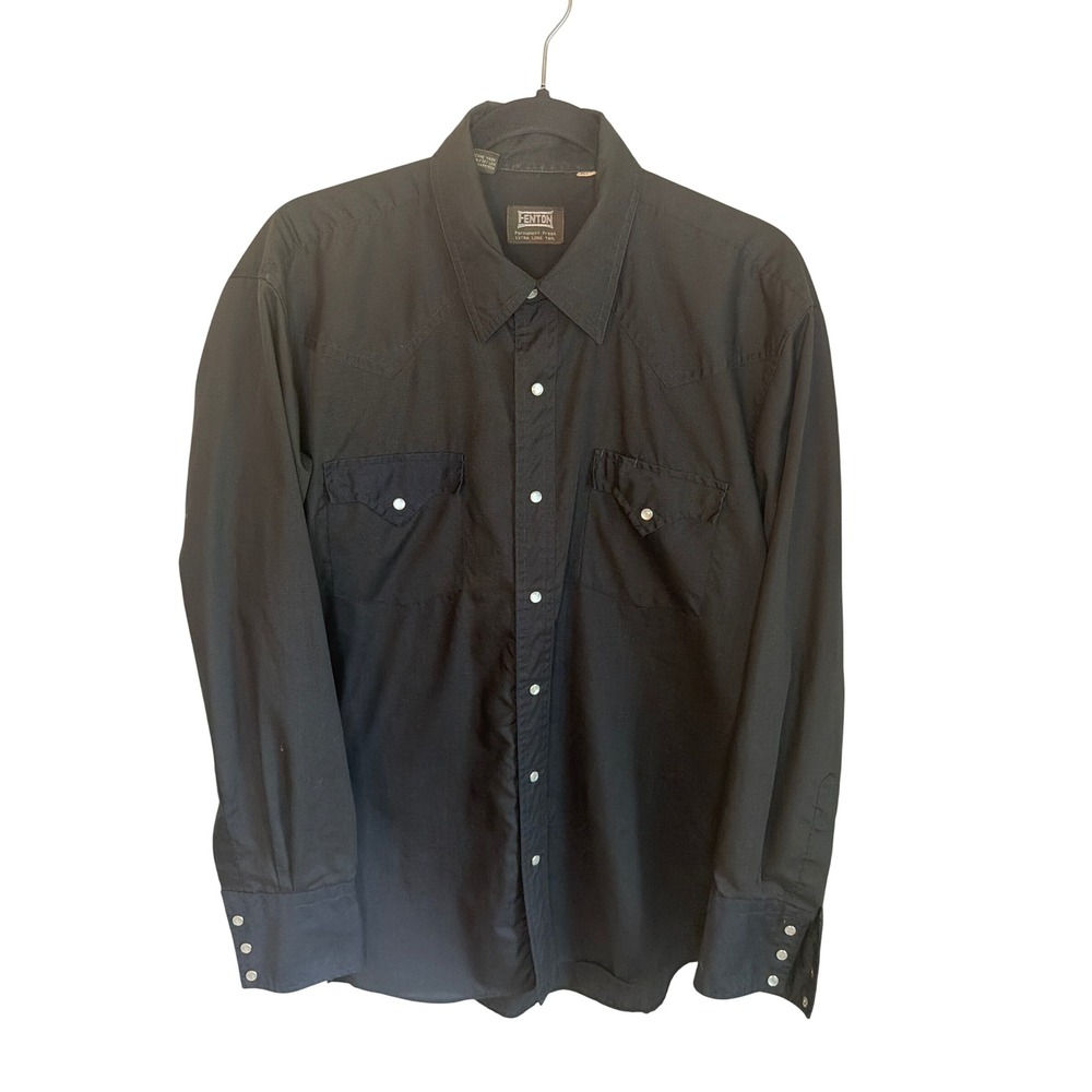 Fenton Vintage 80's Mens Black Western Pearl Snap Shirt Extra Long Tail XL